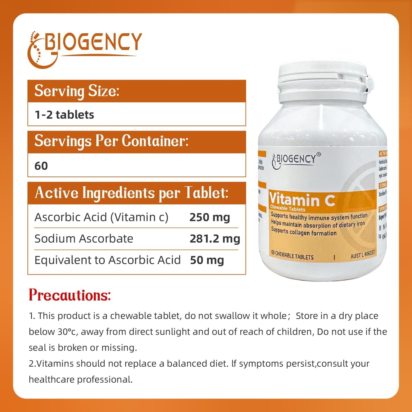 Organic Vitamin C Chewable Supplement Tablets - Vegan Antioxidant for Skin and Immunity - Gluten Free, 60 Count
