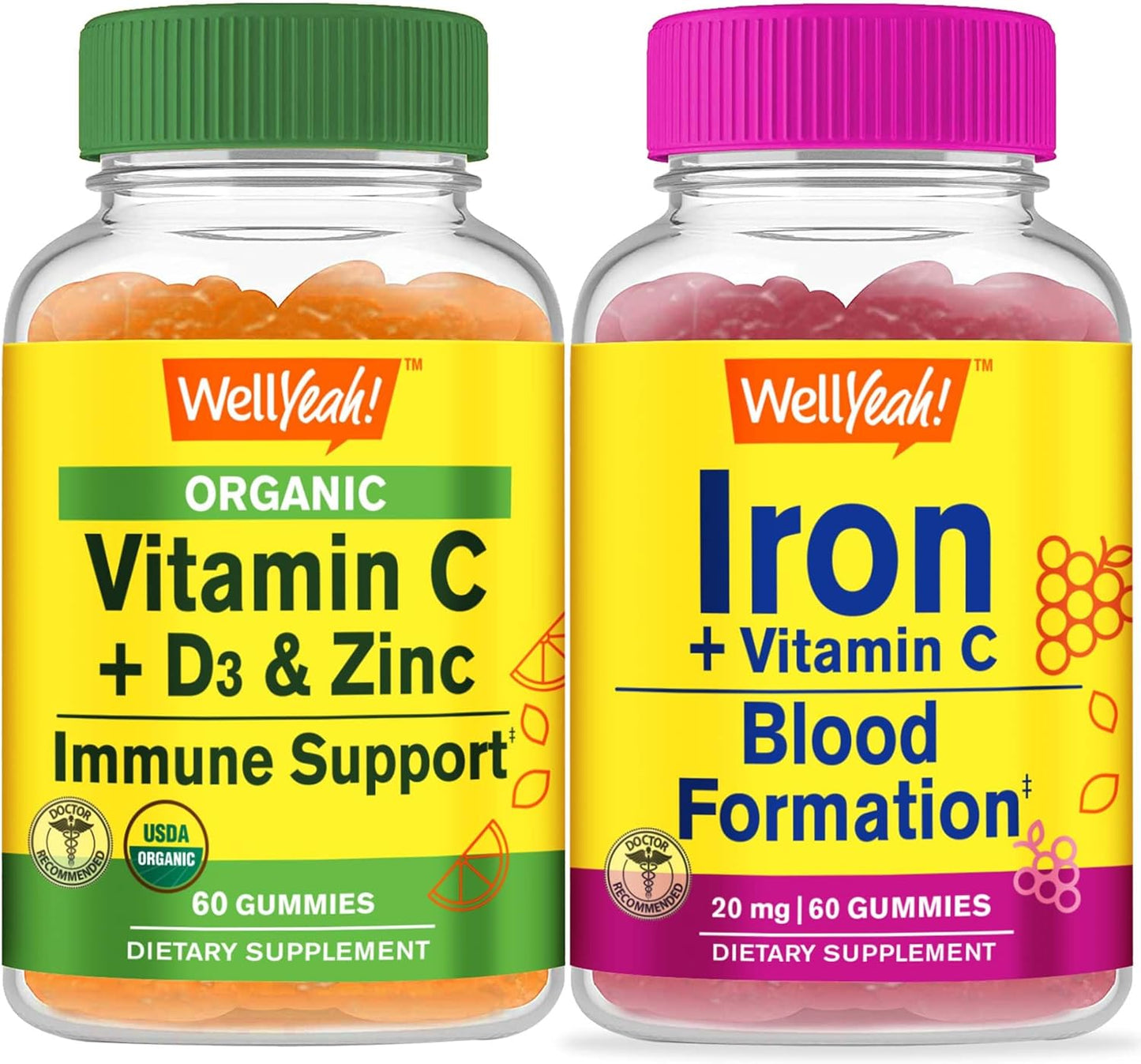 Organic Vitamin C, D3, Zinc, Iron Gummies Bundle - Gluten Free, GMO Free, Chewable Supplement