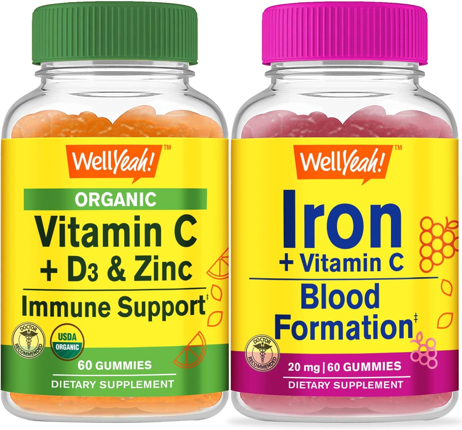 Organic Vitamin C, D3, Zinc, Iron Gummies Bundle - Gluten Free, GMO Free, Chewable Supplement