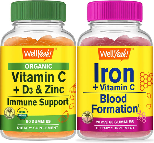 Organic Vitamin C, D3, Zinc, Iron Gummies Bundle - Gluten Free, GMO Free, Chewable Supplement