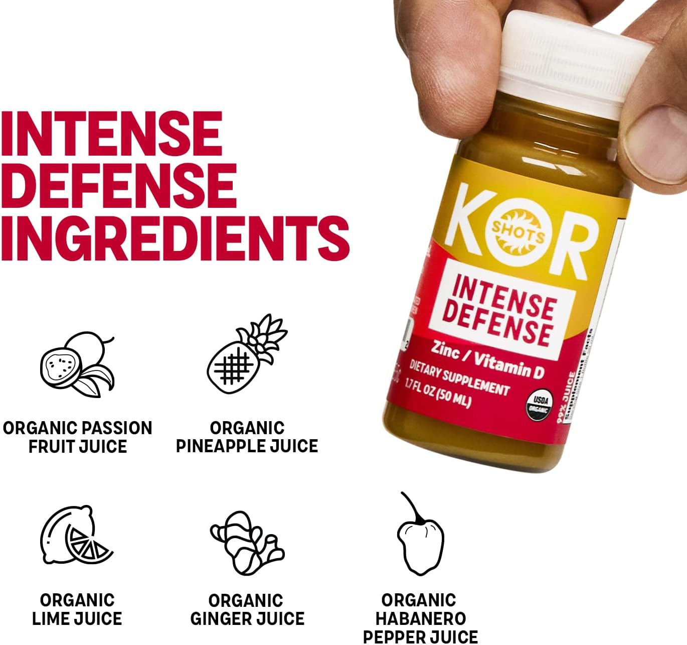 Organic Vitamin D and Zinc Shot - 24 Pack x 1.7 Fl Oz - Intense Defense - 100% DV Zinc, 235% DV Vitamin D - USDA Certified