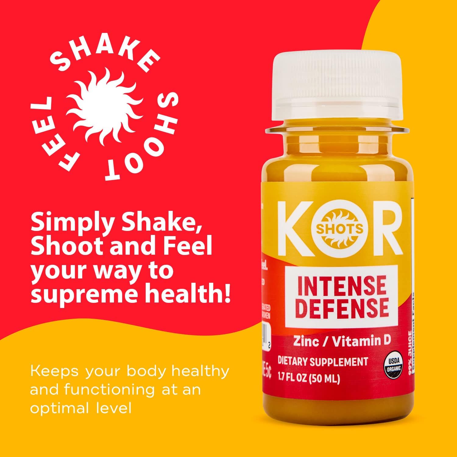 Organic Vitamin D and Zinc Shot - 24 Pack x 1.7 Fl Oz - Intense Defense - 100% DV Zinc, 235% DV Vitamin D - USDA Certified