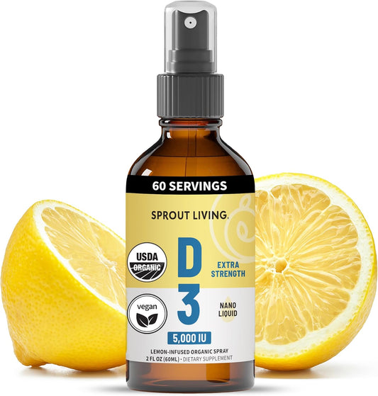 Organic Vitamin D3 5000 IU Spray with Real Lemon & Citrus Extract for Immune Support & Bone Health - Sugar Free - 2 FL OZ