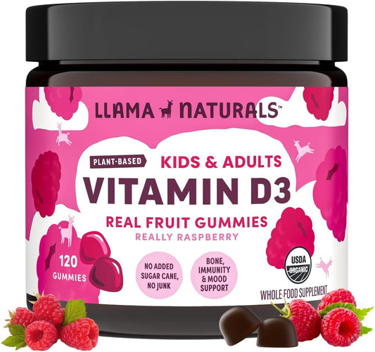 Organic Vitamin D3 Gummies for Kids & Adults, Vegan, No Added Sugar, Real Fruit, 200% DV, 120 CT, Raspberry Flavor, 60-120 Days Supply