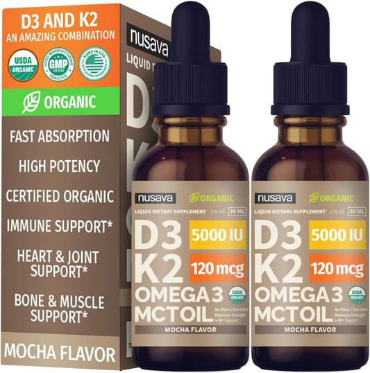 Organic Vitamin D3 K2 Drops (2 Pack) with MCT Oil Omega 3 - 5000 IU Liquid D3 for Faster Absorption - Immune Support - Non-GMO - Maximum Strength - No Fillers - Mocha Flavor - 2 Fl Oz - BoostGo Australia