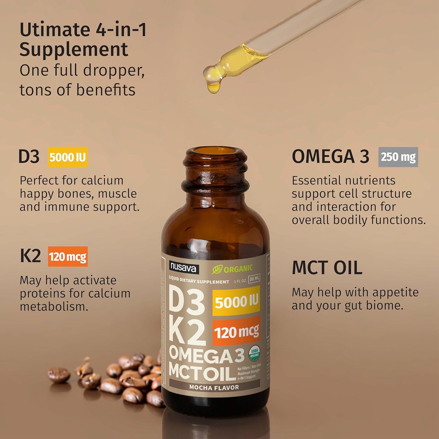 Organic Vitamin D3 K2 Drops (2 Pack) with MCT Oil Omega 3 - 5000 IU Liquid D3 for Faster Absorption - Immune Support - Non-GMO - Maximum Strength - No Fillers - Mocha Flavor - 2 Fl Oz - BoostGo Australia