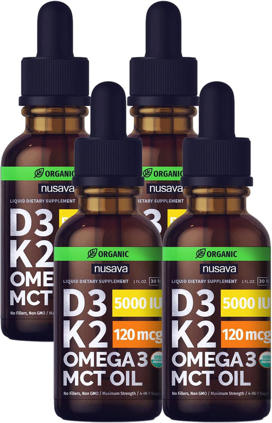 Organic Vitamin D3 K2 Drops with MCT Oil Omega 3 - Maximum Strength 5000 IU Liquid D3 for Immune Support - 4 Pack, Non-GMO, Unflavored - BoostGo Australia
