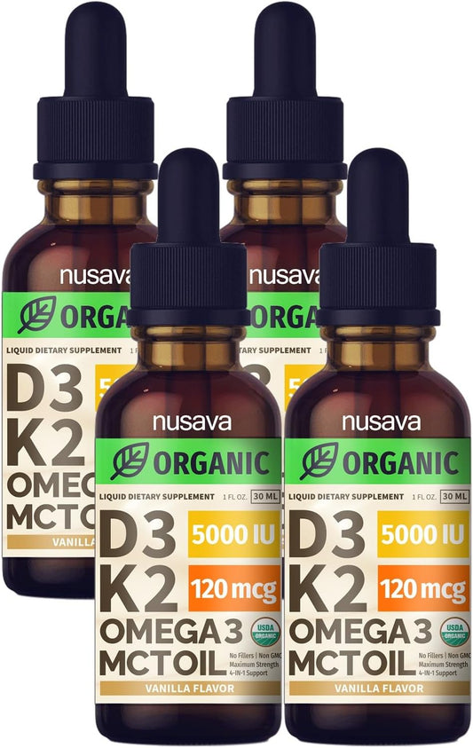 Organic Vitamin D3 K2 Drops with MCT Oil Omega 3 - 4 Pack, 5000 IU Vanilla Liquid D3 for Faster Absorption & Immune Support