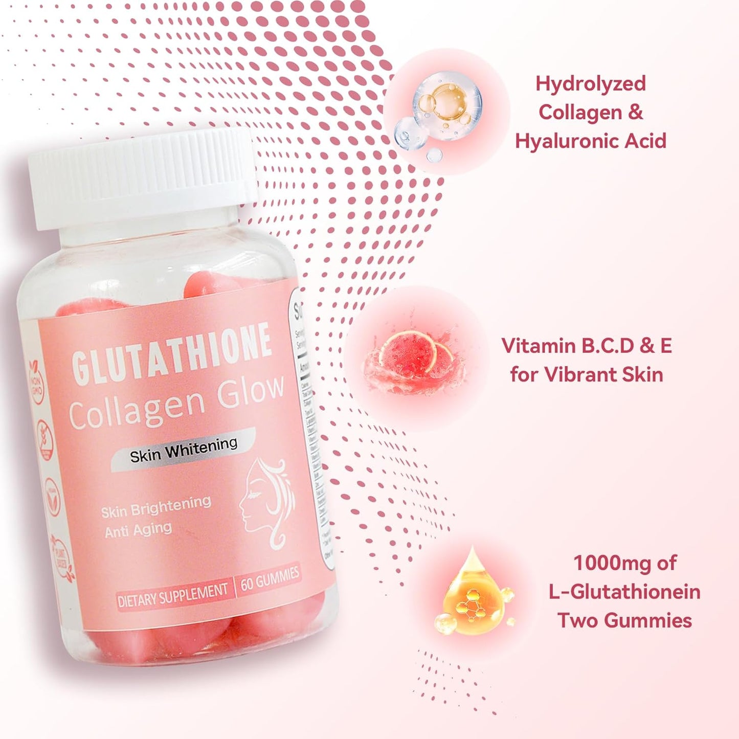Organic Watermelon Flavored Glow Gummies for Women - 60 Count - Collagen & Vitamins - Vegan & Gluten-Free - Skin Brightening & Health Benefits