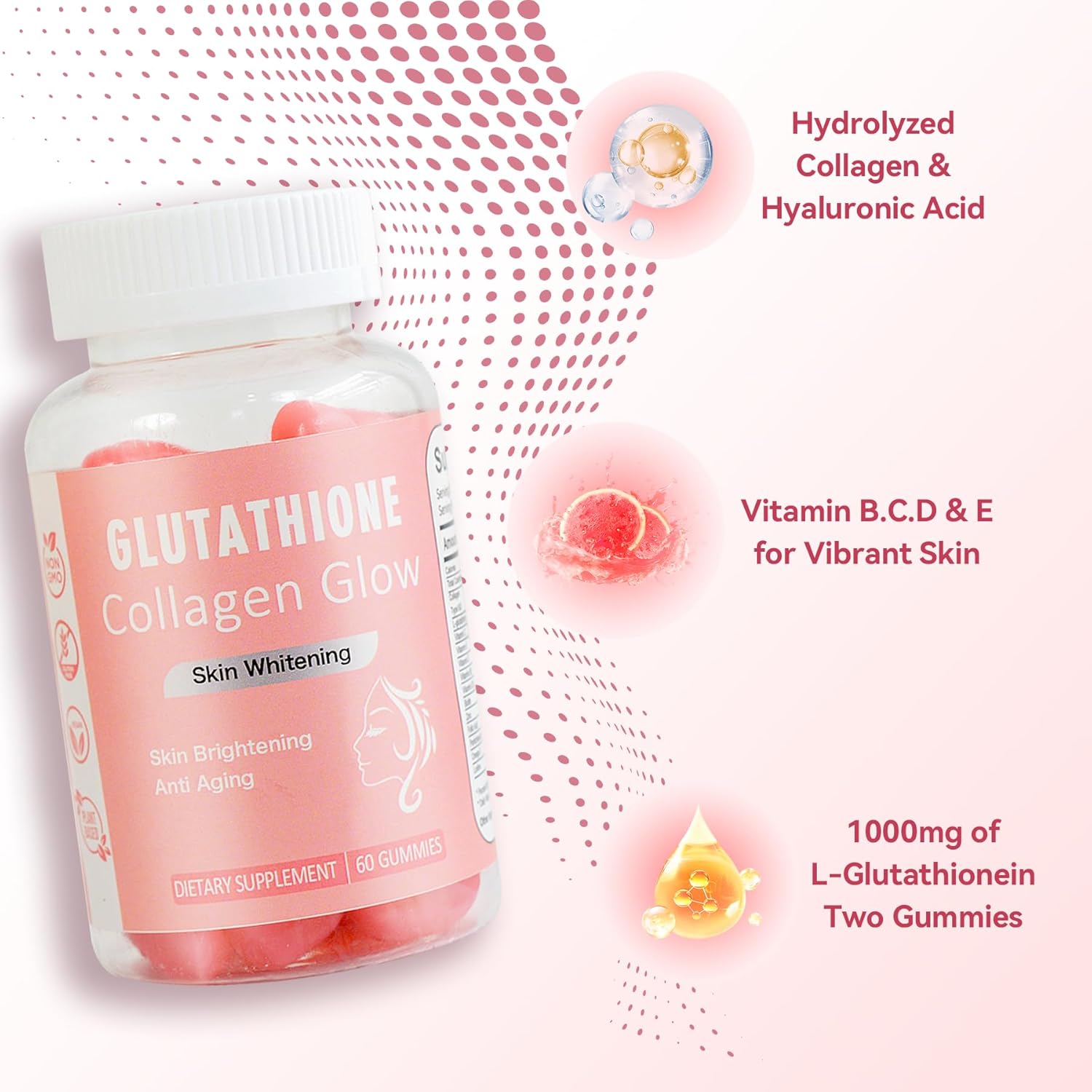 Organic Watermelon Flavored Glow Gummies for Women - 60 Count - Collagen & Vitamins - Vegan & Gluten-Free - Skin Brightening & Health Benefits