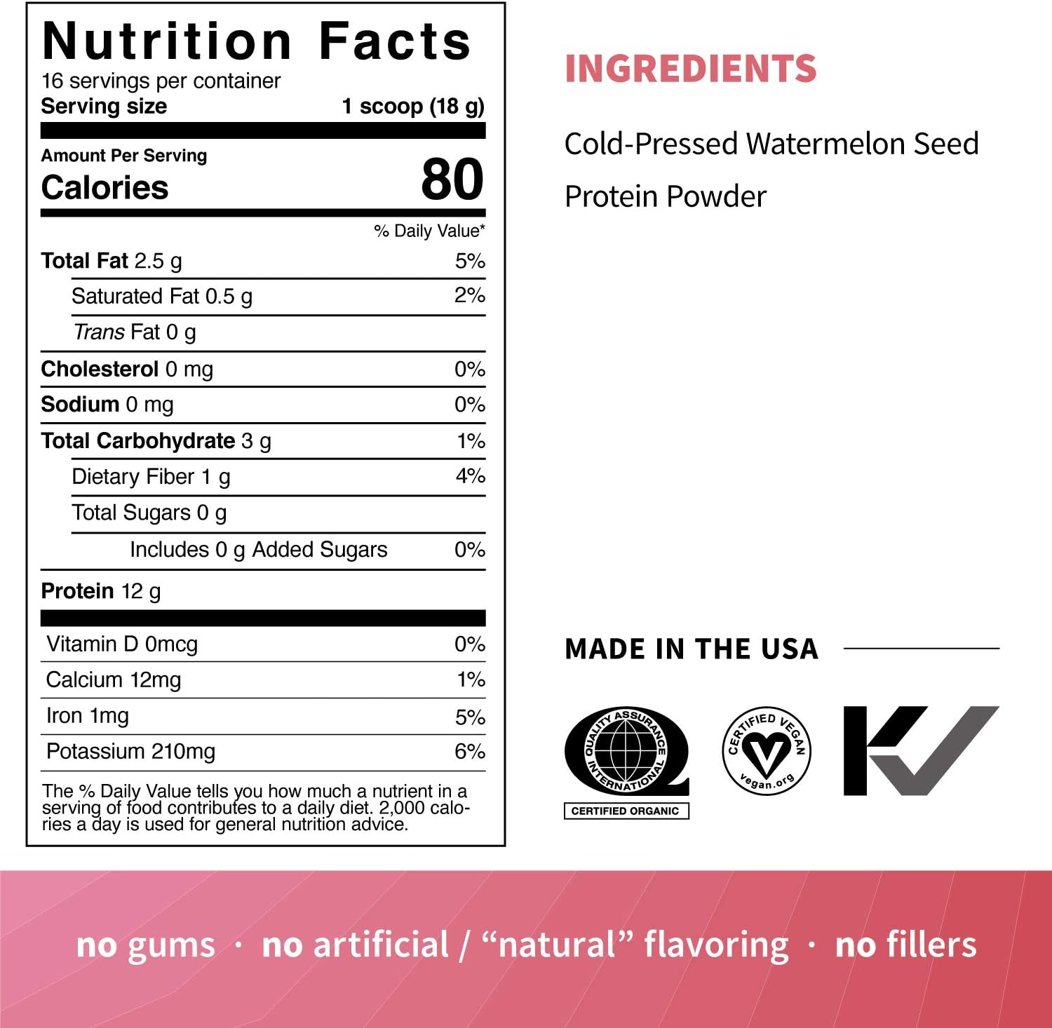 Organic Watermelon Seed Protein Powder - 12g Plant Based Protein, No Artificial Sweeteners, Dairy-Free, Non-GMO, Vegan, Gluten-Free, Keto - 10 oz