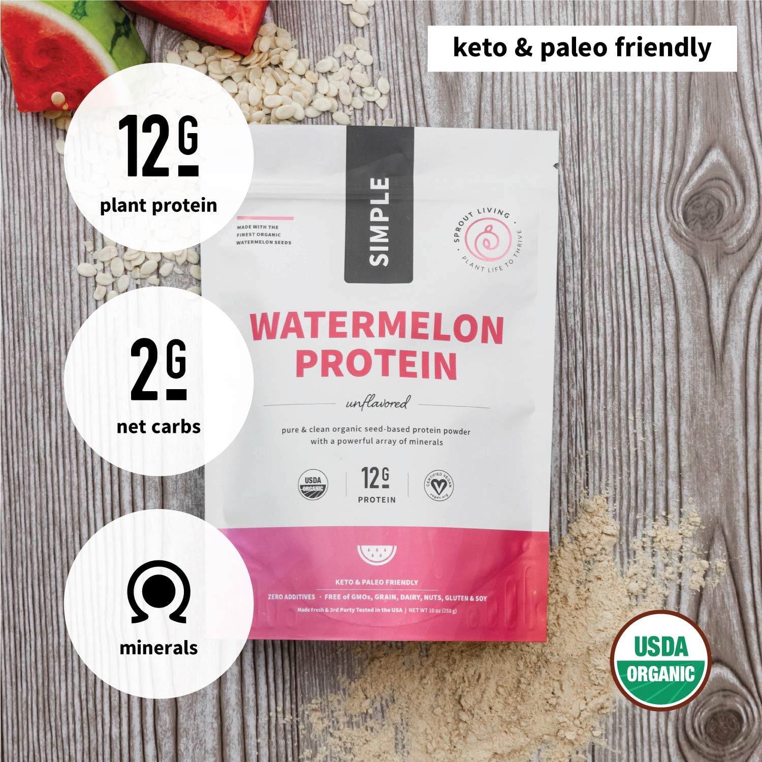Organic Watermelon Seed Protein Powder - 12g Plant Based Protein, No Artificial Sweeteners, Dairy-Free, Non-GMO, Vegan, Gluten-Free, Keto - 10 oz