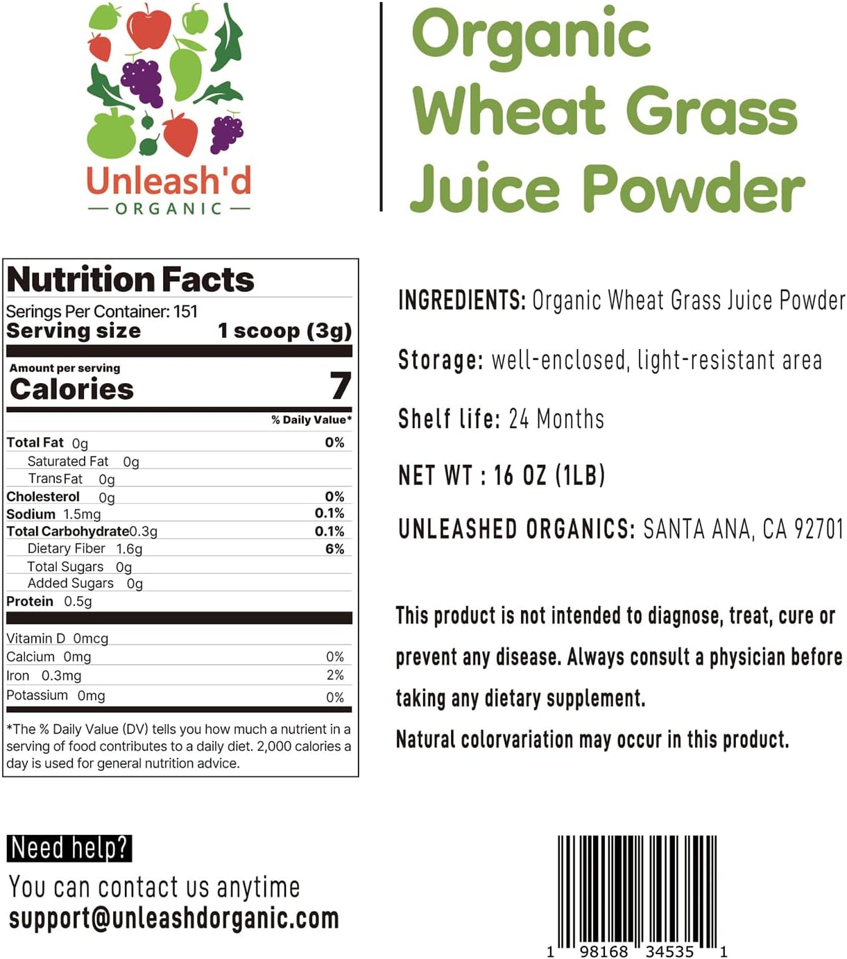 Organic Wheat Grass Juice Powder 16 oz - Pure Natural Green Food, Rich in Nutrients, Immune System Booster, Energy Boost, Anti-Inflammatory Detoxifier