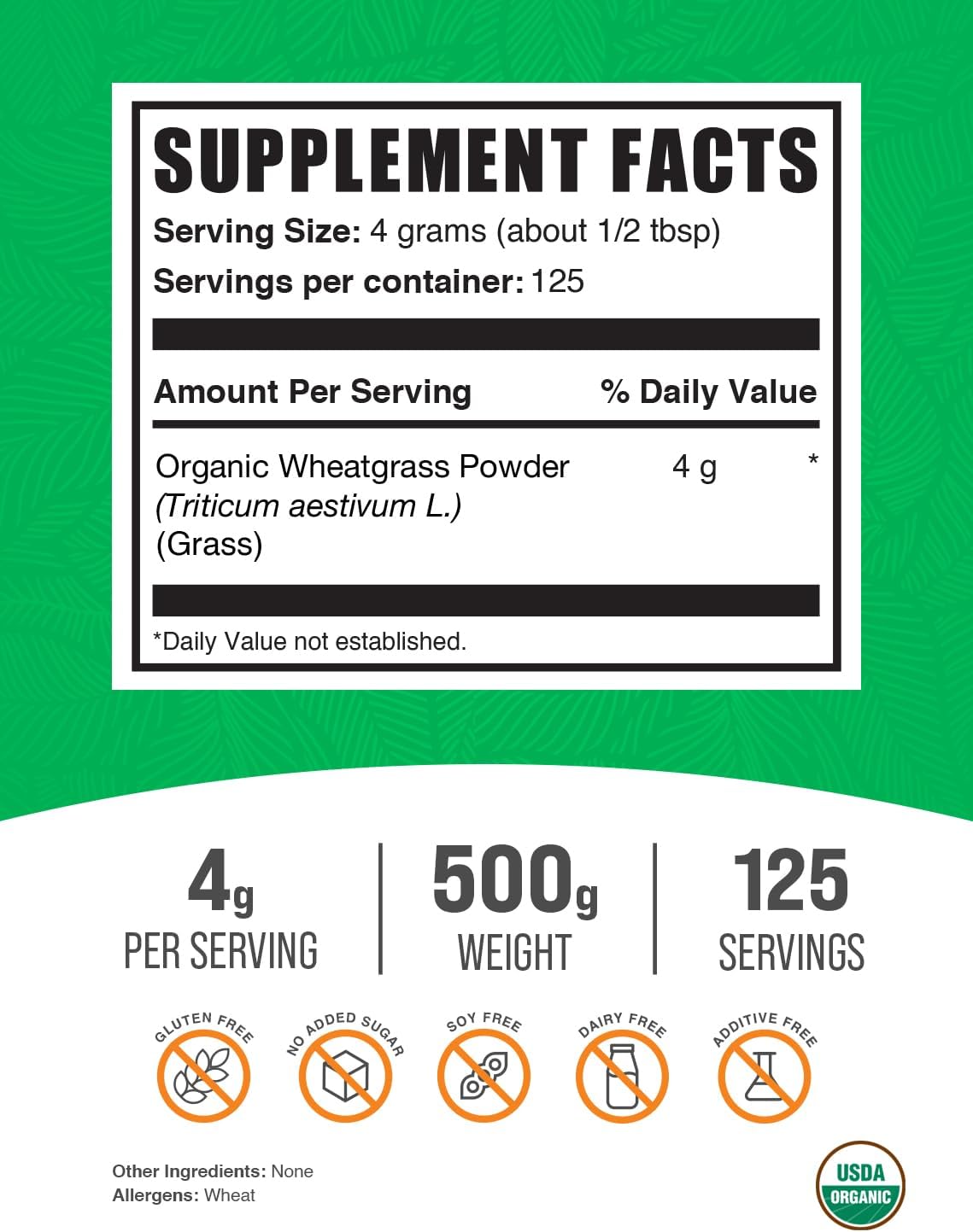 Organic Wheatgrass Powder - Superfood Supplement, Green Powder, Vegan & Gluten Free - 500g (1.1 lbs) Pack