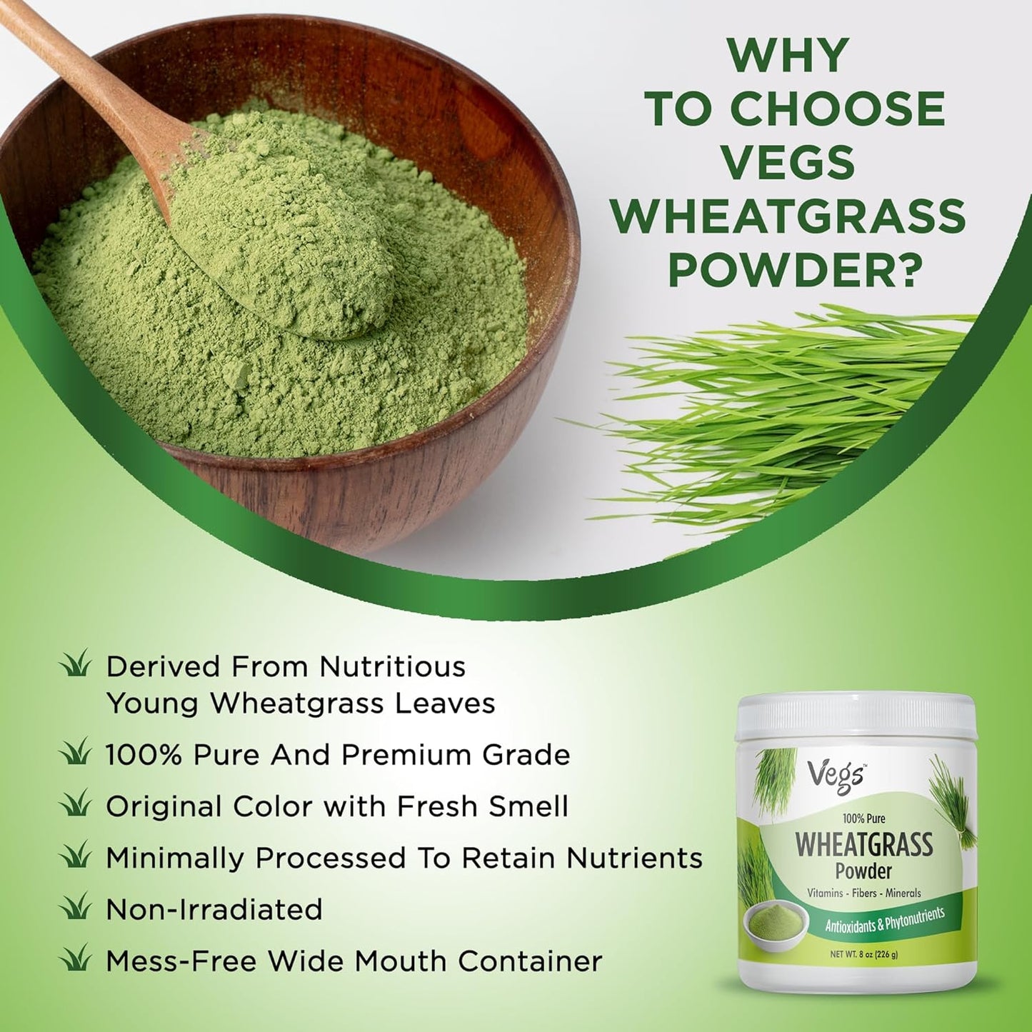 Organic Wheatgrass Powder Juice - Superfood for Immunity & Digestive Health - Ideal for Smoothies, Juices, Baking - 8 Oz
