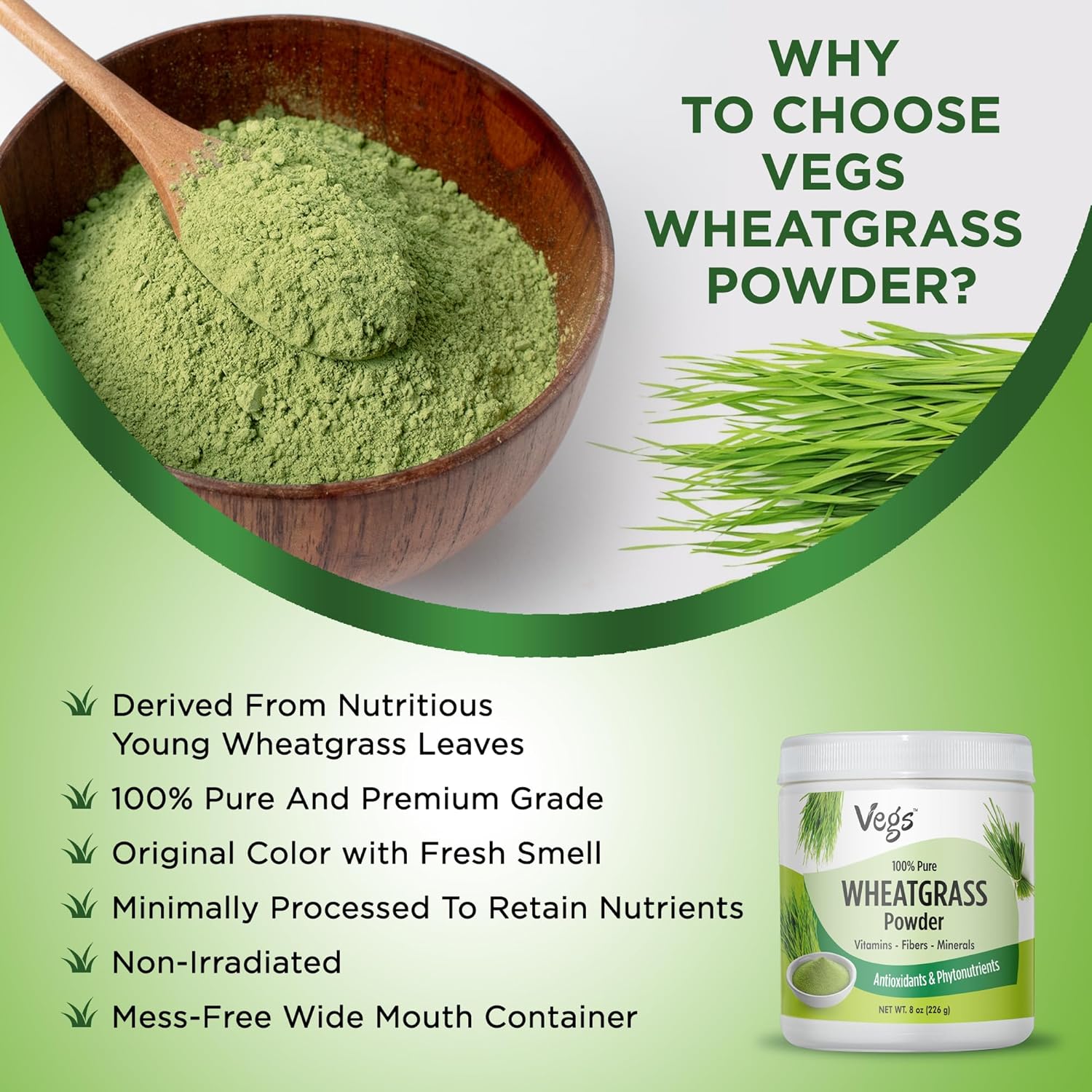 Organic Wheatgrass Powder Juice - Superfood for Immunity & Digestive Health - Ideal for Smoothies, Juices, Baking - 8 Oz