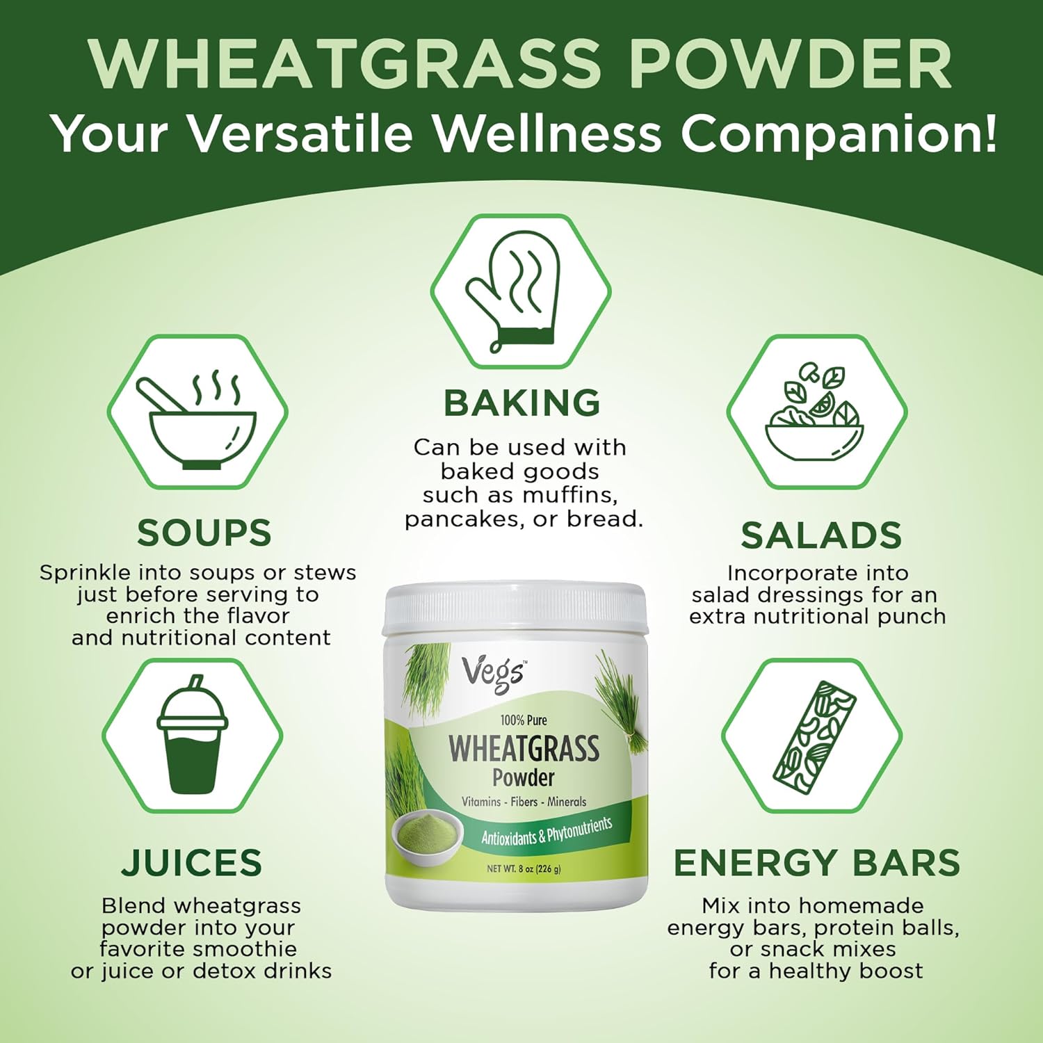 Organic Wheatgrass Powder Juice - Superfood for Immunity & Digestive Health - Ideal for Smoothies, Juices, Baking - 8 Oz
