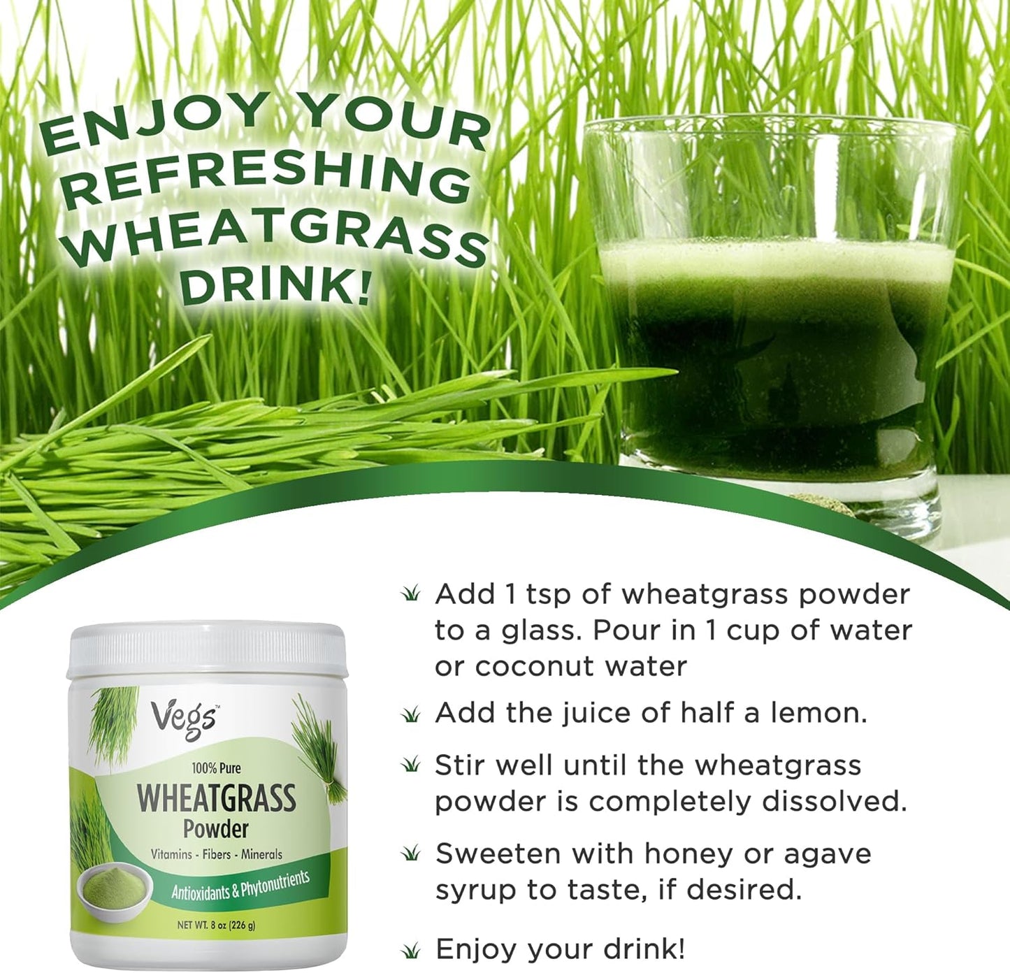 Organic Wheatgrass Powder Juice - Superfood for Immunity & Digestive Health - Ideal for Smoothies, Juices, Baking - 8 Oz