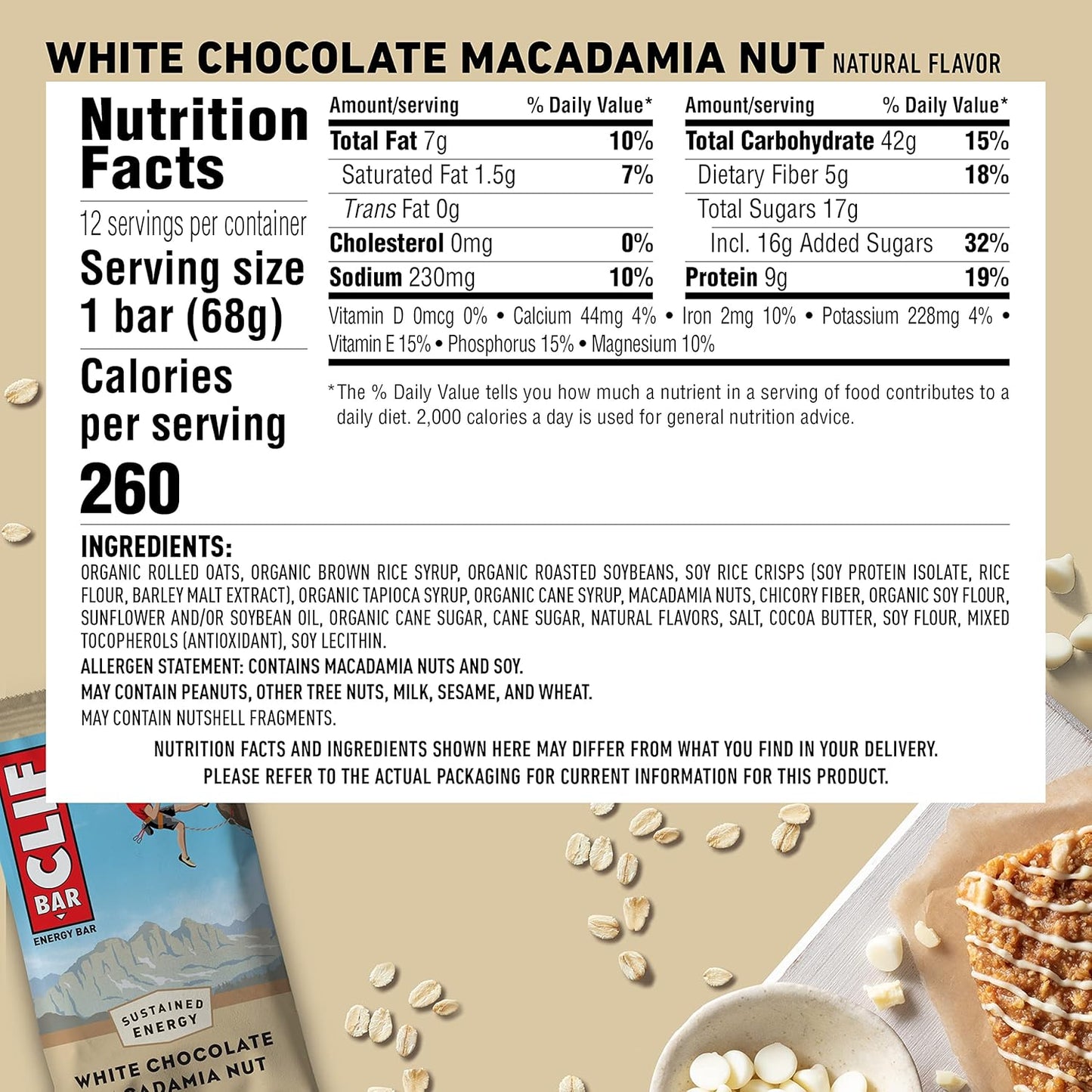 Organic White Chocolate Macadamia Nut Energy Bars - Plant Based, Vegetarian, Kosher - 2.4oz Protein Bars (12 Count)