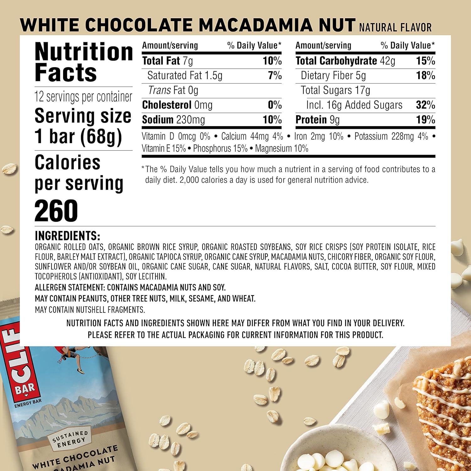 Organic White Chocolate Macadamia Nut Energy Bars - Plant Based, Vegetarian, Kosher - 2.4oz Protein Bars (12 Count)