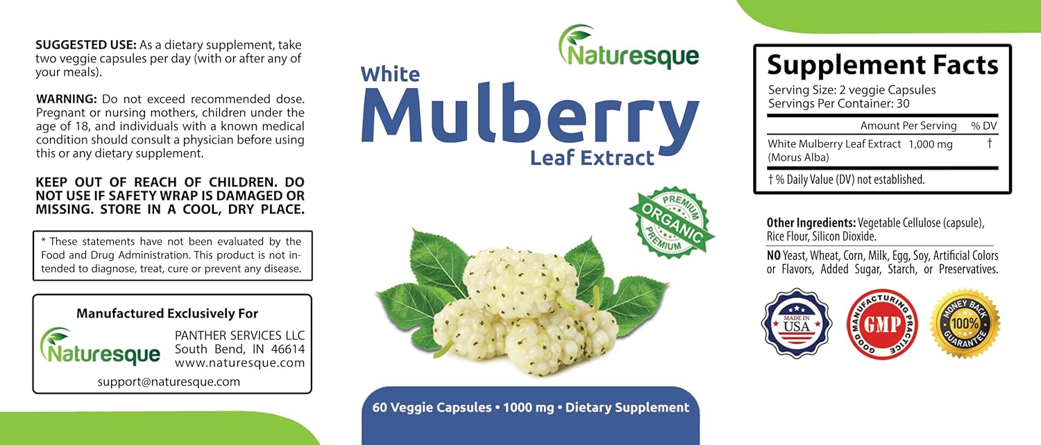 Organic White Mulberry Leaf Extract Capsules - 1000mg | 60 Vegan Pills | Non-GMO & Gluten-Free Herbal Supplement