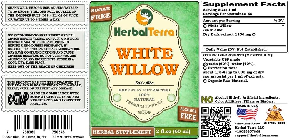 Organic White Willow (Salix Alba) Glycerite Extract - Alcohol-Free Liquid - 2 oz Bottle by Herbal Terra LLC
