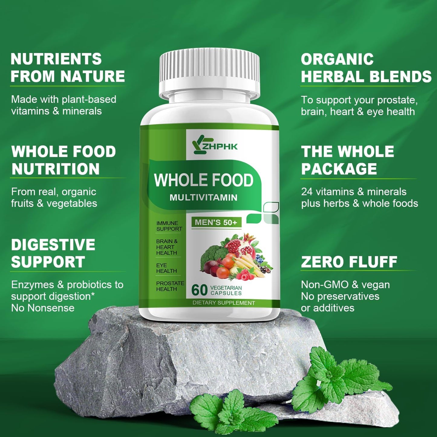 Organic Whole Food Multivitamin Supplement for Men 50+: Boost Brain, Heart, and Eye Health, Enhance Digestion & Prostate Health - 120 Capsules