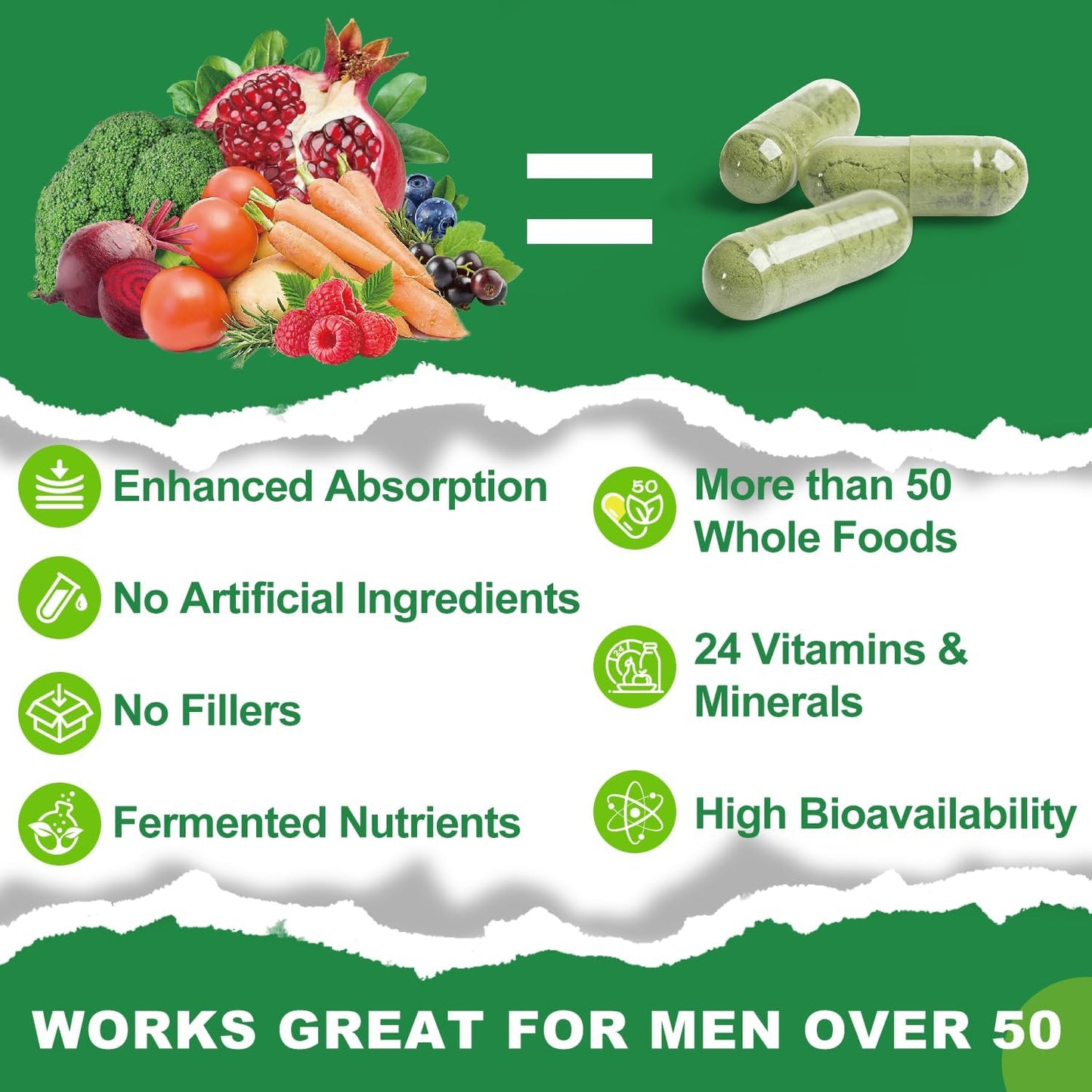 Organic Whole Food Multivitamin Supplement for Men 50+: Boost Brain, Heart, and Eye Health, Enhance Digestion & Prostate Health - 120 Capsules