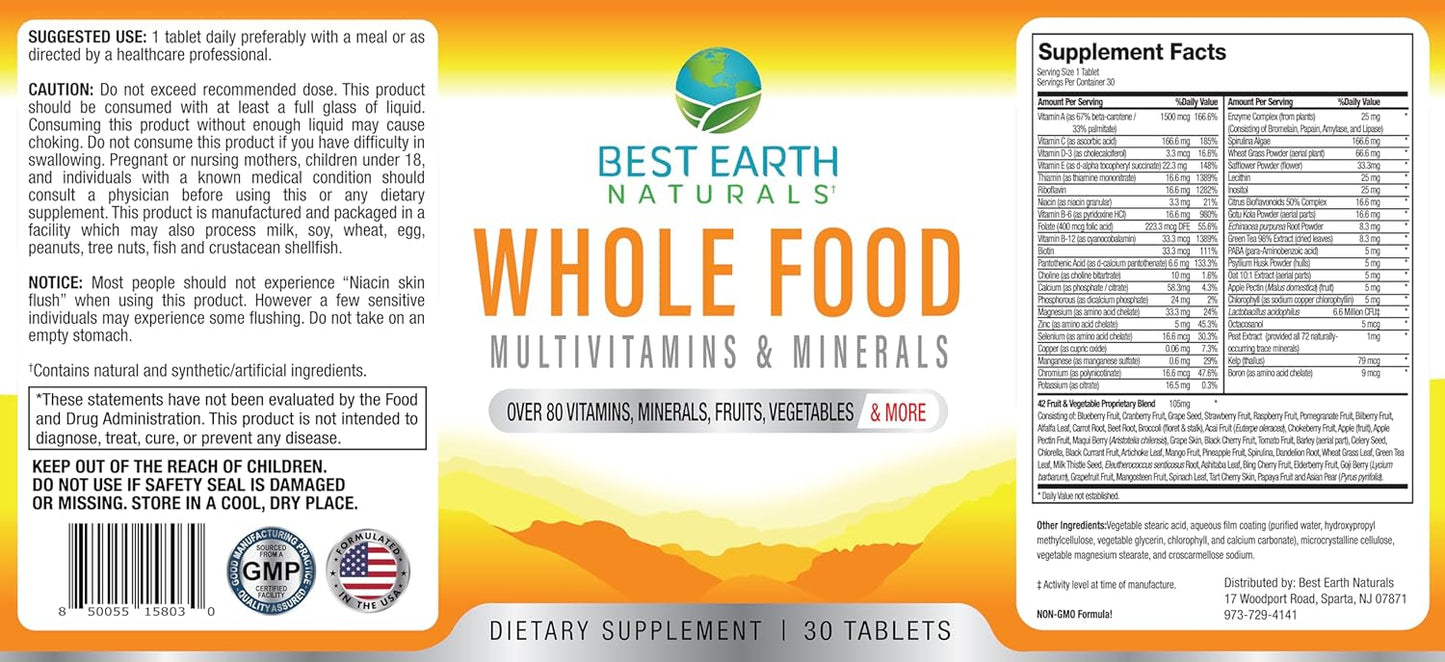 Organic Whole Food Multivitamins & Minerals with Probiotics, Fruits, Vegetables - 30 Count Vegan Formula