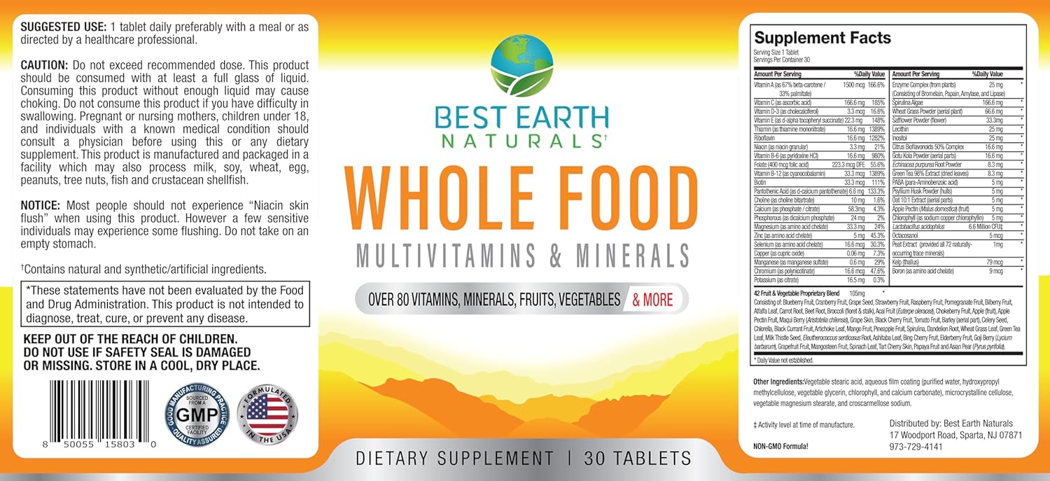 Organic Whole Food Multivitamins & Minerals with Probiotics, Fruits, Vegetables - 30 Count Vegan Formula