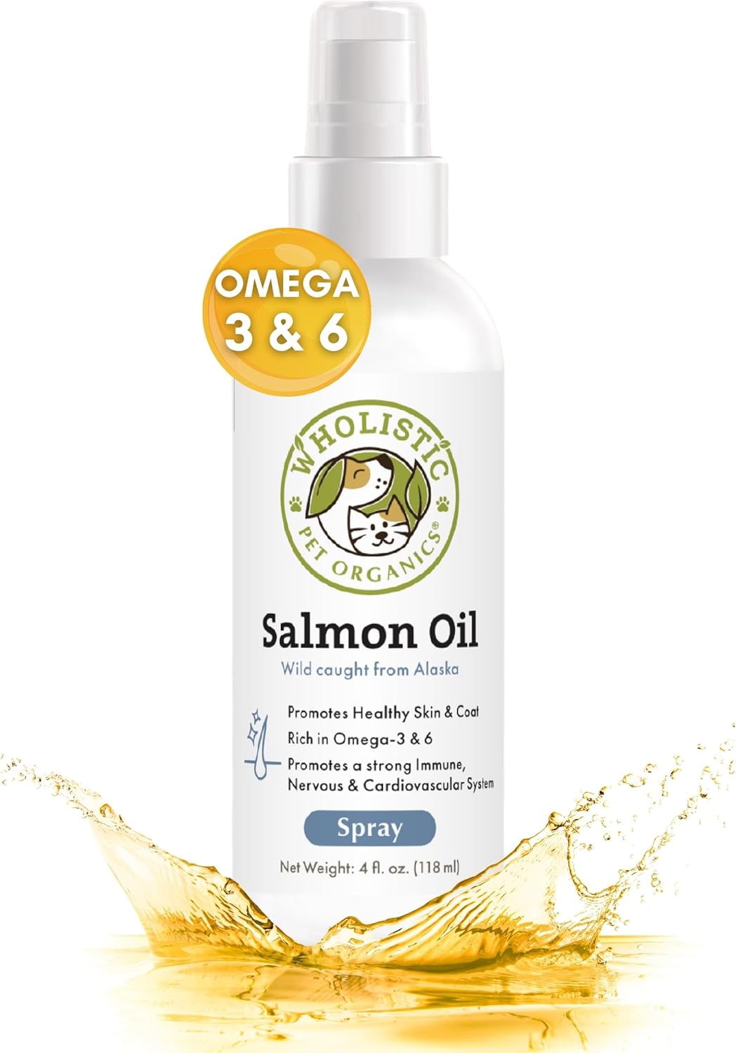 Organic Wild Alaskan Salmon Oil for Dogs - Omega 3 Fish Oil with EPA and DHA for Skin, Coat, Heart & Nervous System Health - 4 Oz