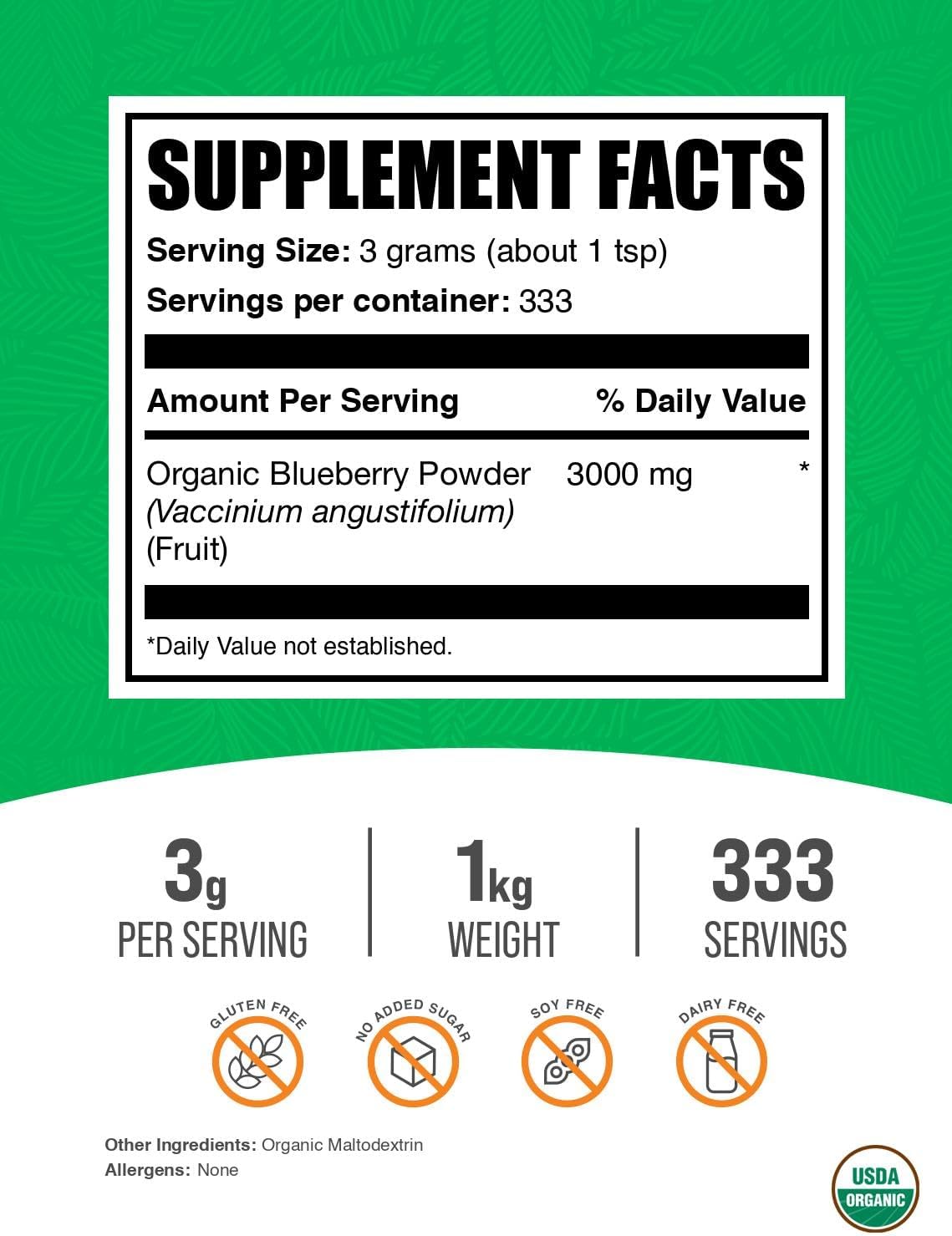 Organic Wild Blueberry Powder - Antioxidant Rich Supplement, Gluten Free, 3g per Serving, 1kg (2.2 lbs)