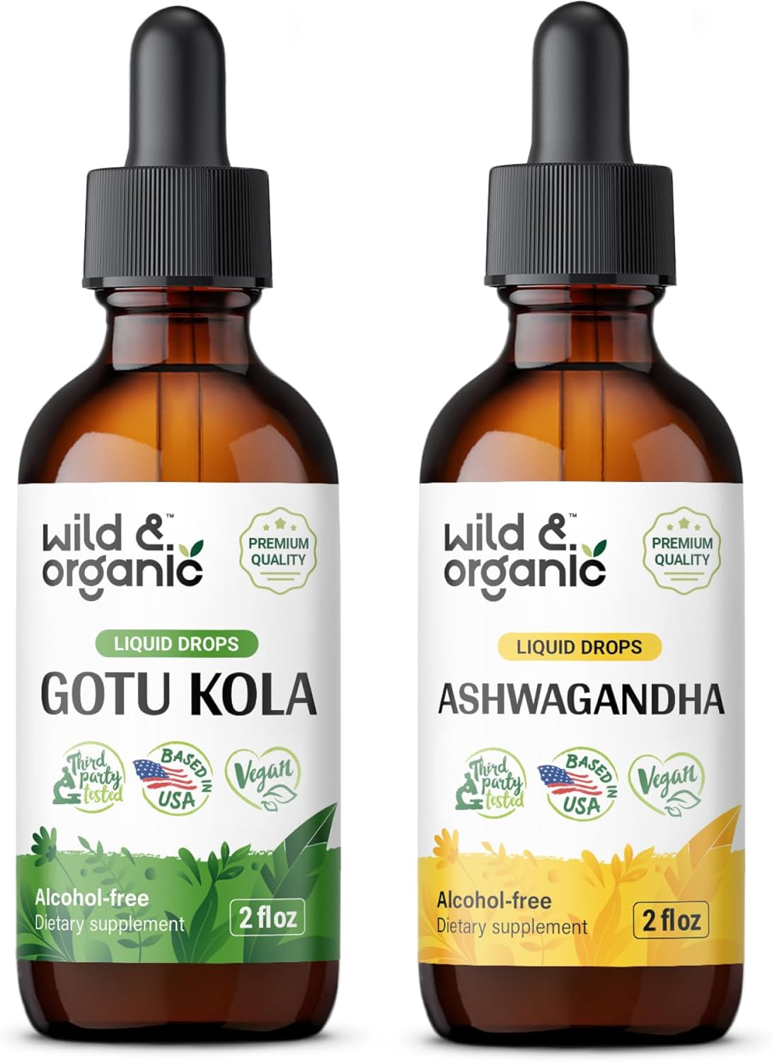 Organic Wild-Crafted Gotu Kola and Ashwagandha Tinctures 2 fl oz - Herbal Stress Relief Support