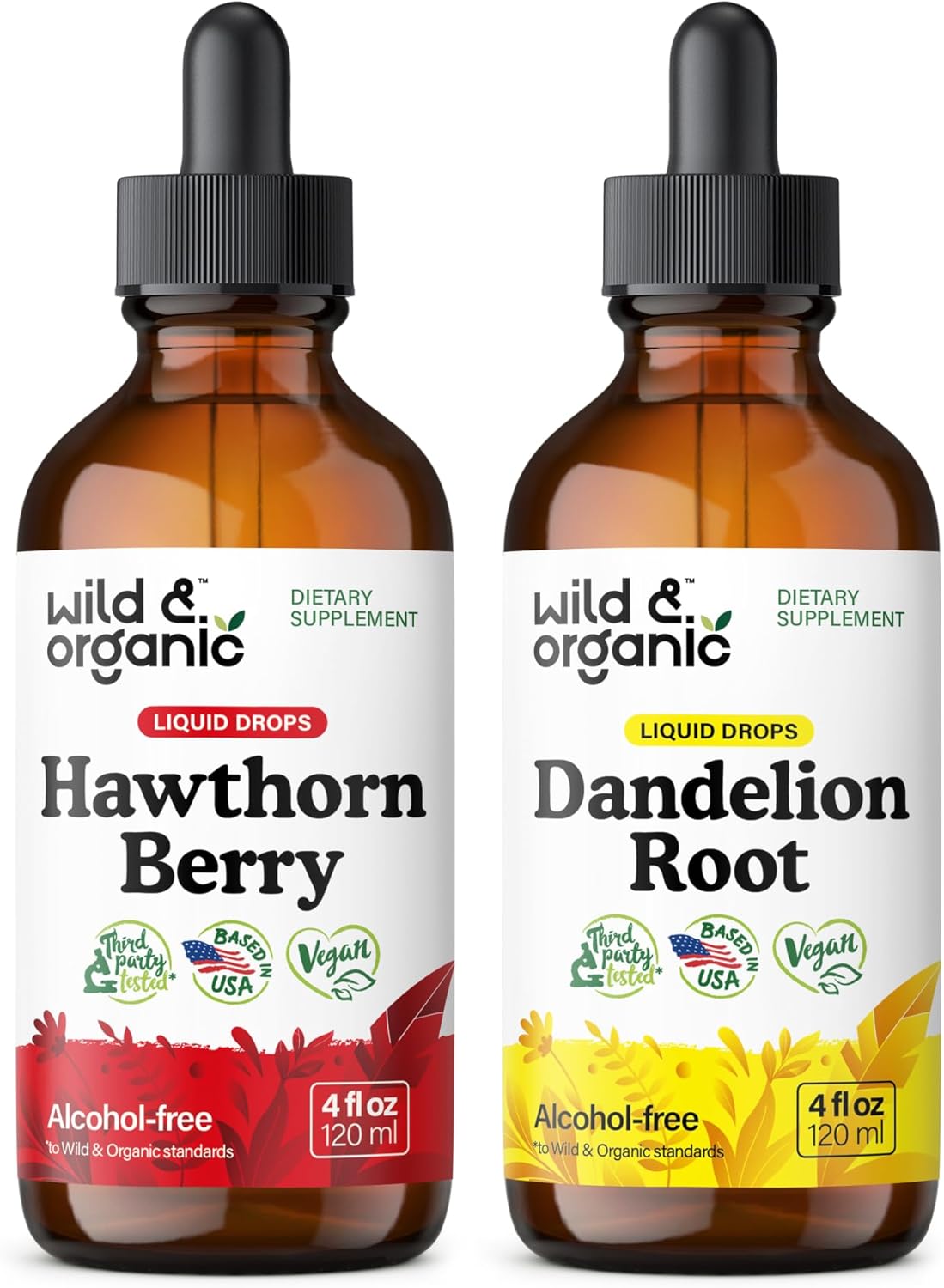 Organic Wild Hawthorn Berry and Dandelion Root Tincture Bundle - 4 fl oz Each