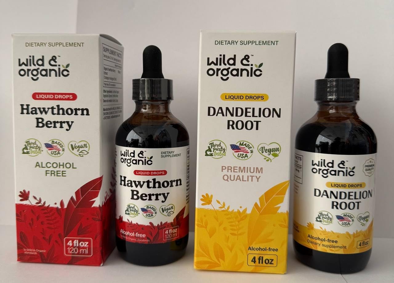 Organic Wild Hawthorn Berry and Dandelion Root Tincture Bundle - 4 fl oz Each