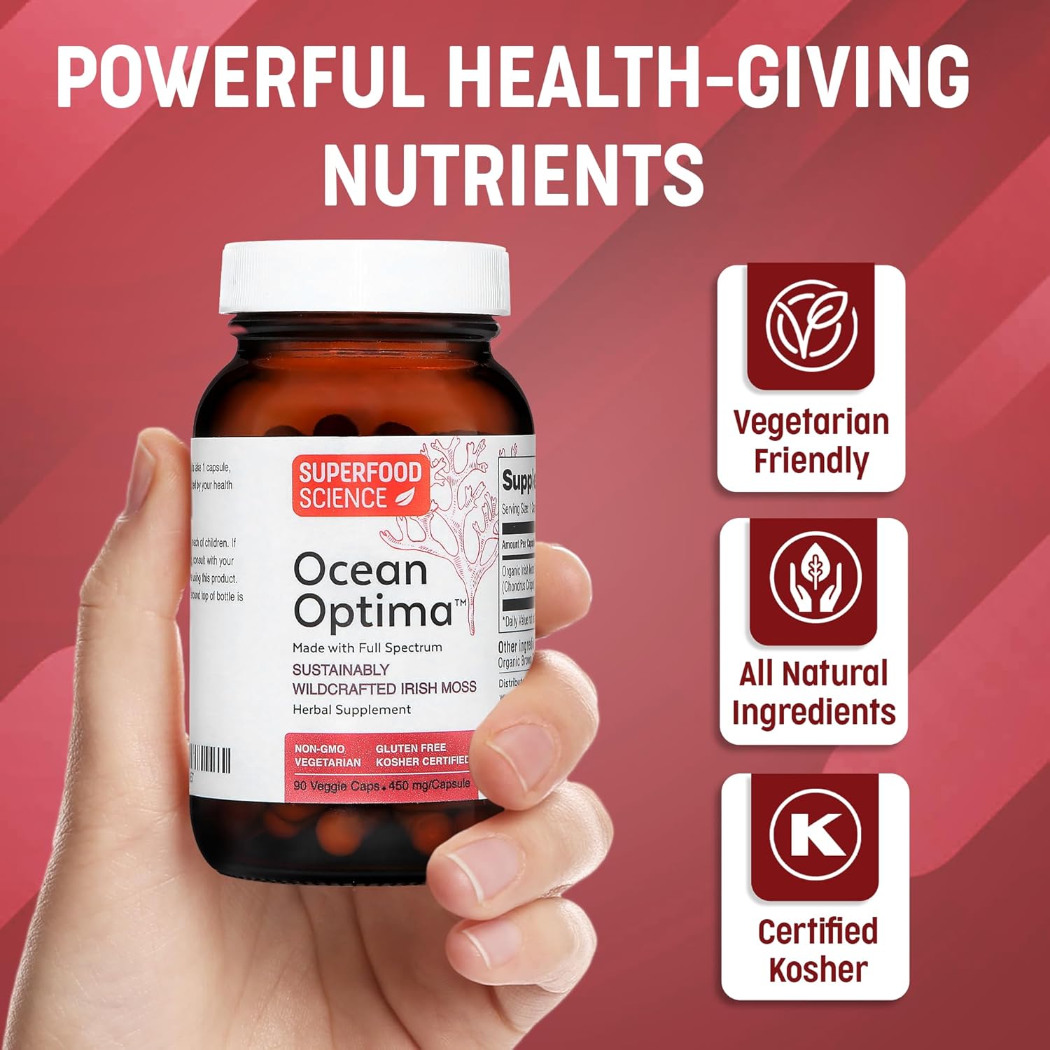 Organic Wild Irish Sea Moss Capsules with Sea Kelp for Thyroid Support & Hair Skin Nails - 100% Natural Superfood Supplement with Minerals & Amino Acids - 90 Kosher Capsules