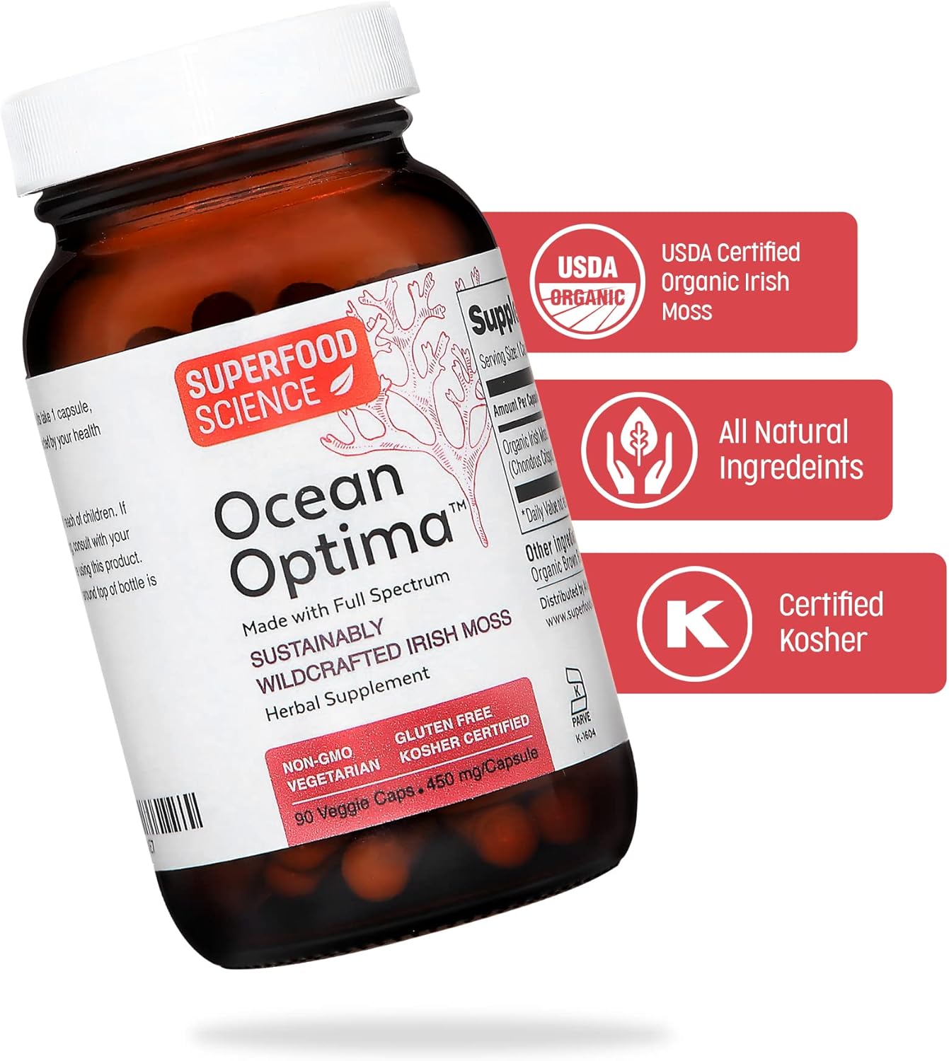 Organic Wild Irish Sea Moss Capsules with Sea Kelp for Thyroid Support & Hair Skin Nails - 100% Natural Superfood Supplement with Minerals & Amino Acids - 90 Kosher Capsules