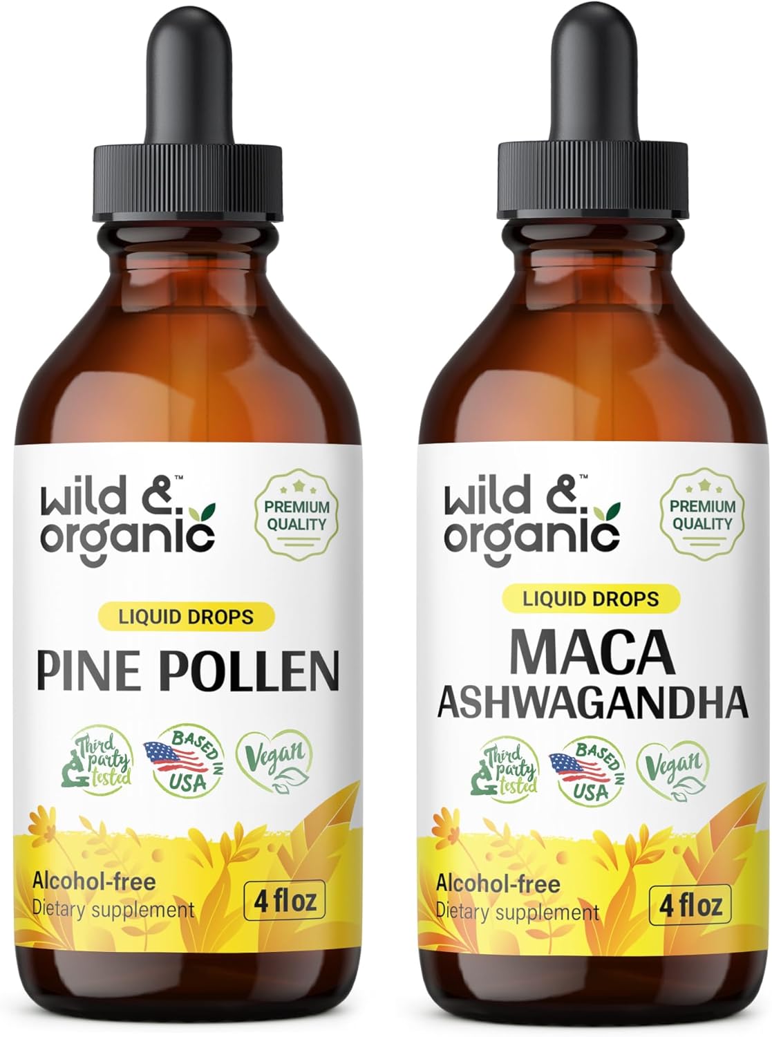 Organic Wild Pine Pollen and Maca Ashwagandha Tinctures 4 fl oz - Natural Energy and Vitality Support