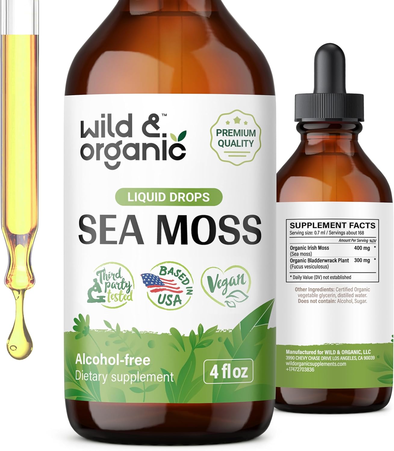 Organic Wild Sea Moss and Bladderwrack Drops for Overall Support - Vegan Liquid Supplement with Multimineral Chondrus Crispus Tincture - 4 fl oz