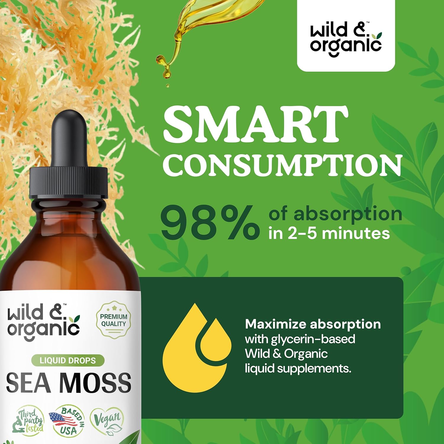Organic Wild Sea Moss and Bladderwrack Drops for Overall Support - Vegan Liquid Supplement with Multimineral Chondrus Crispus Tincture - 4 fl oz