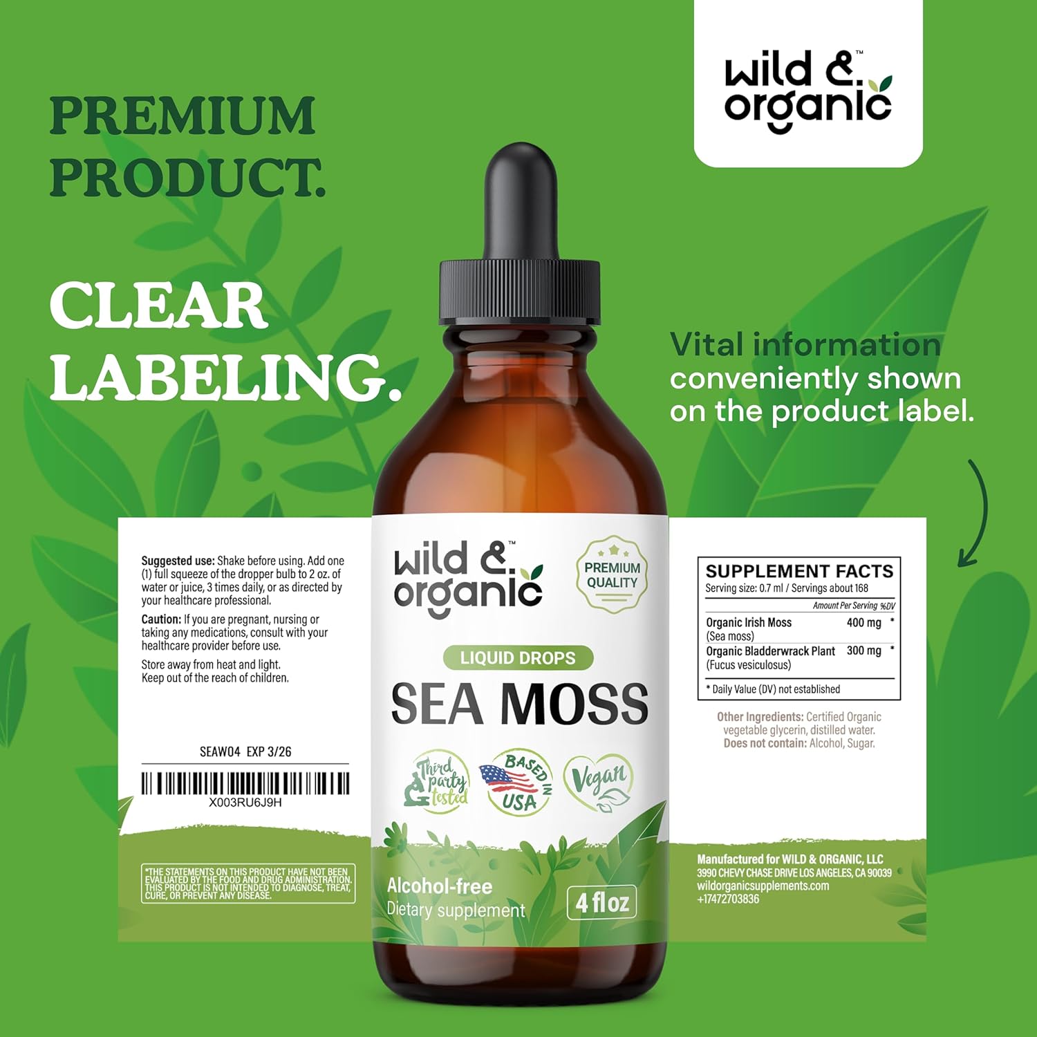 Organic Wild Sea Moss and Bladderwrack Drops for Overall Support - Vegan Liquid Supplement with Multimineral Chondrus Crispus Tincture - 4 fl oz