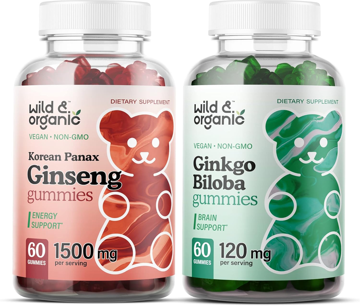 Organic Wild Superfood Gummies: Korean Panax Red Ginseng & Ginkgo Biloba Bundle - Energy & Brain Support - 120 Chews