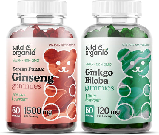 Organic Wild Superfood Gummies: Korean Panax Red Ginseng & Ginkgo Biloba Bundle - Energy & Brain Support - 120 Chews