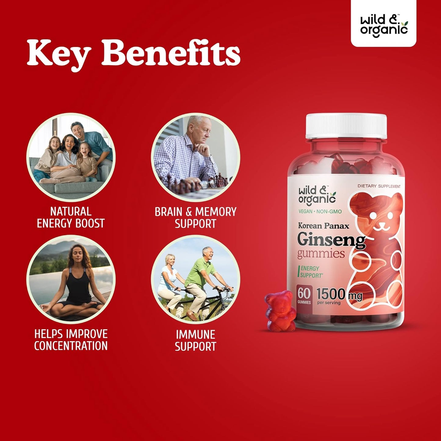 Organic Wild Superfood Gummies: Korean Panax Red Ginseng & Ginkgo Biloba Bundle - Energy & Brain Support - 120 Chews