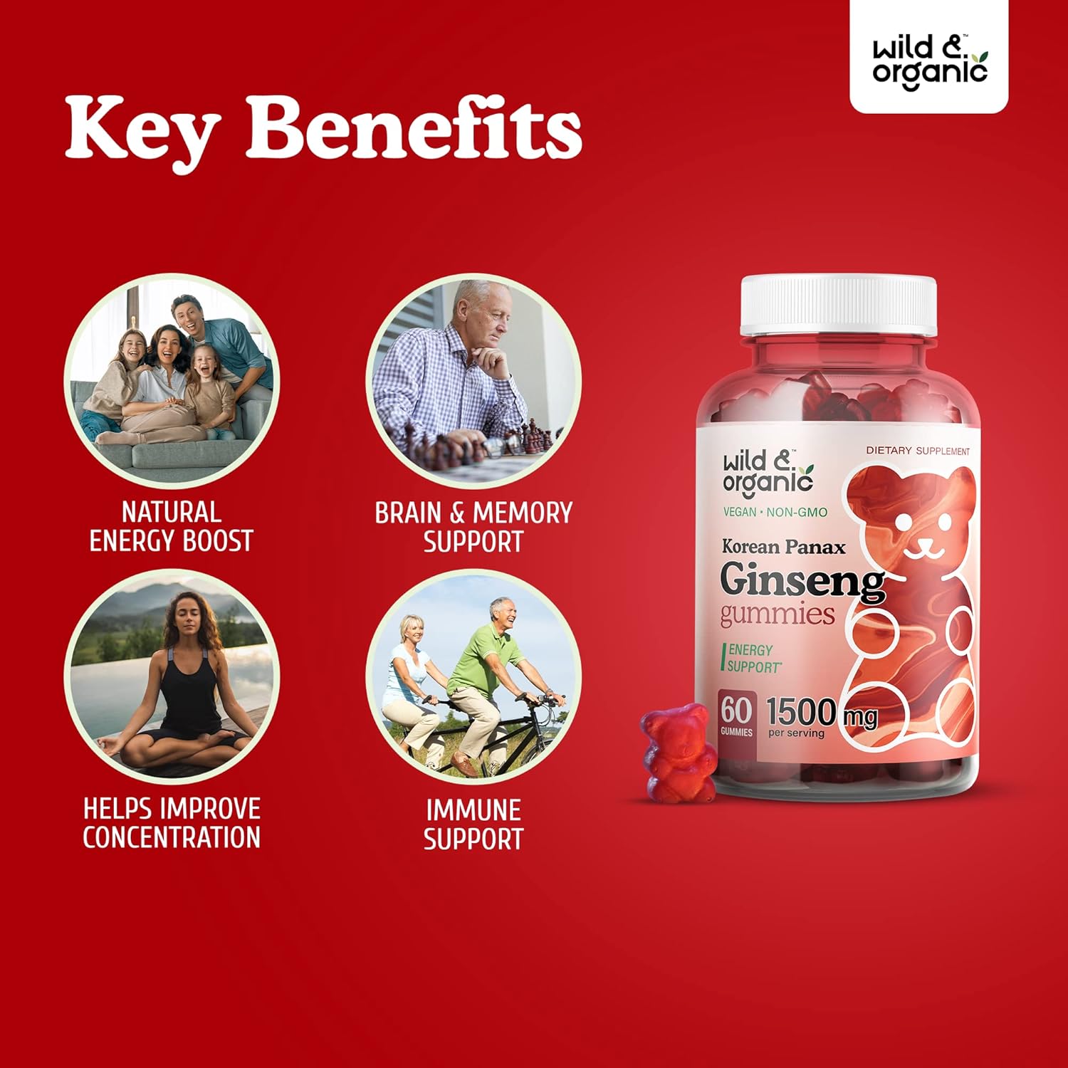 Organic Wild Superfood Gummies: Korean Panax Red Ginseng & Ginkgo Biloba Bundle - Energy & Brain Support - 120 Chews