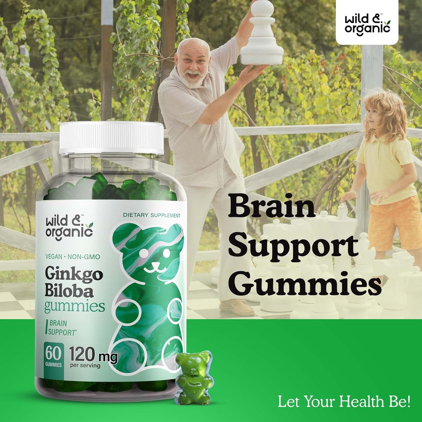 Organic Wild Superfood Gummies: Korean Panax Red Ginseng & Ginkgo Biloba Bundle - Energy & Brain Support - 120 Chews