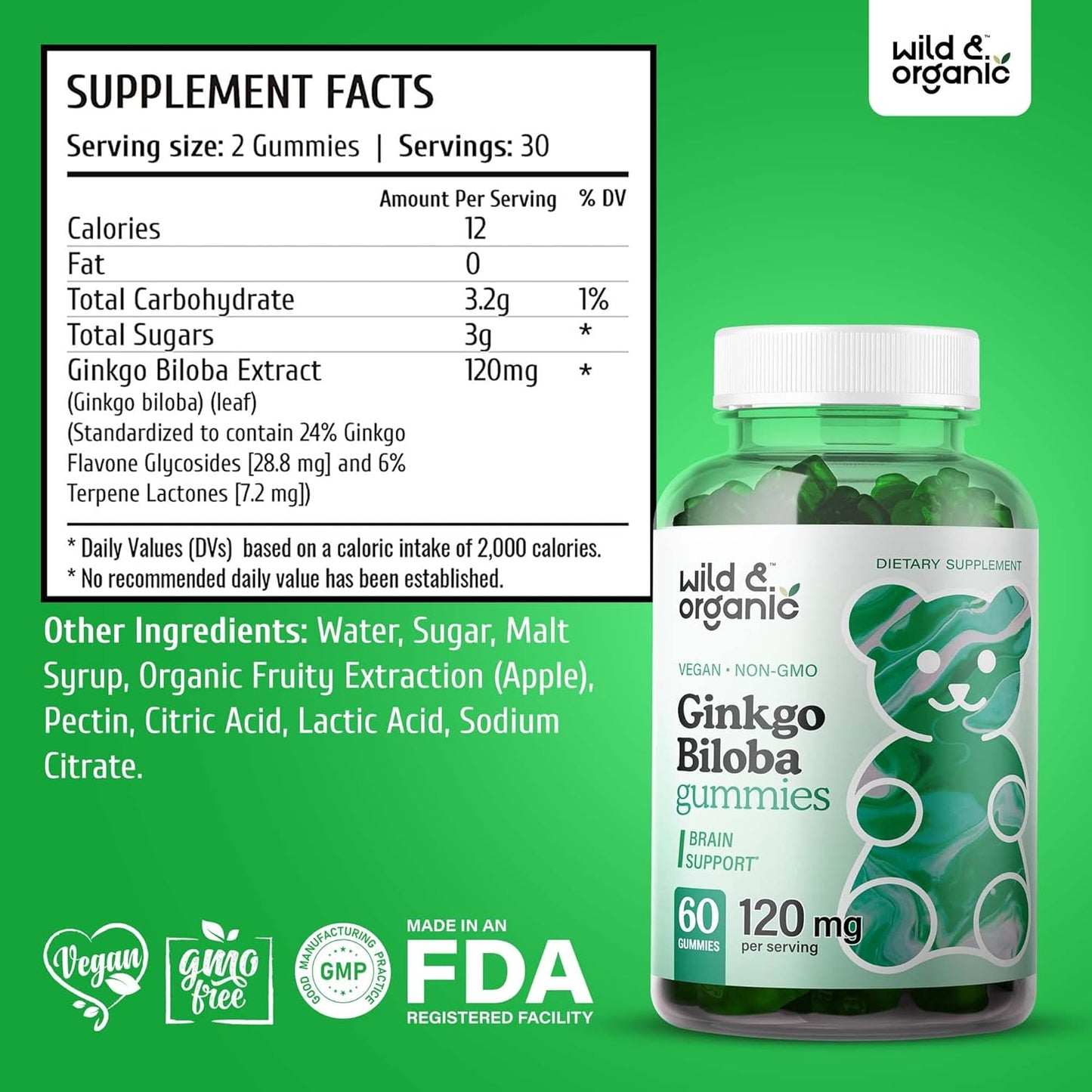 Organic Wild Superfood Gummies: Korean Panax Red Ginseng & Ginkgo Biloba Bundle - Energy & Brain Support - 120 Chews