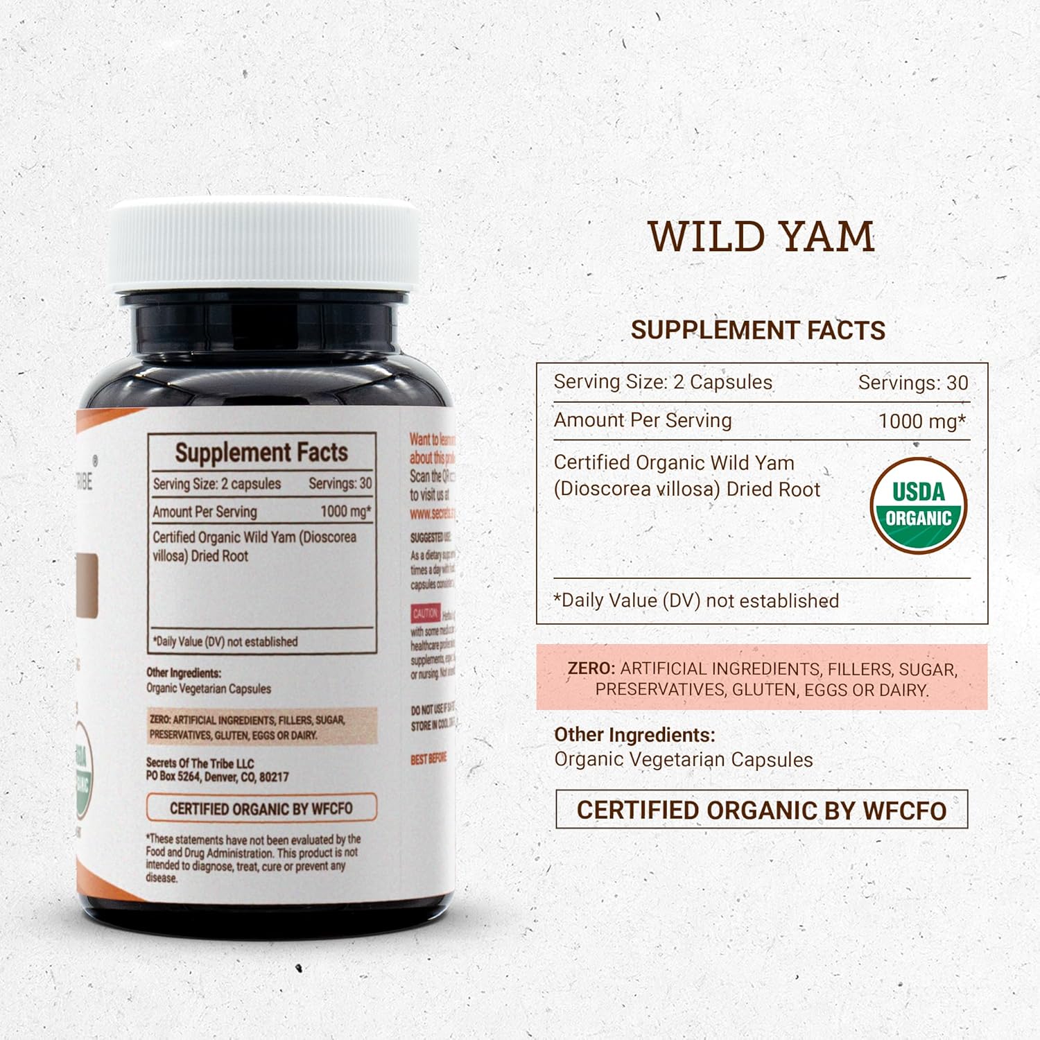 Organic Wild Yam Capsules - 60 Count | USDA Certified, Vegetarian Capsules, Responsibly Farmed Dioscorea Villosa Root