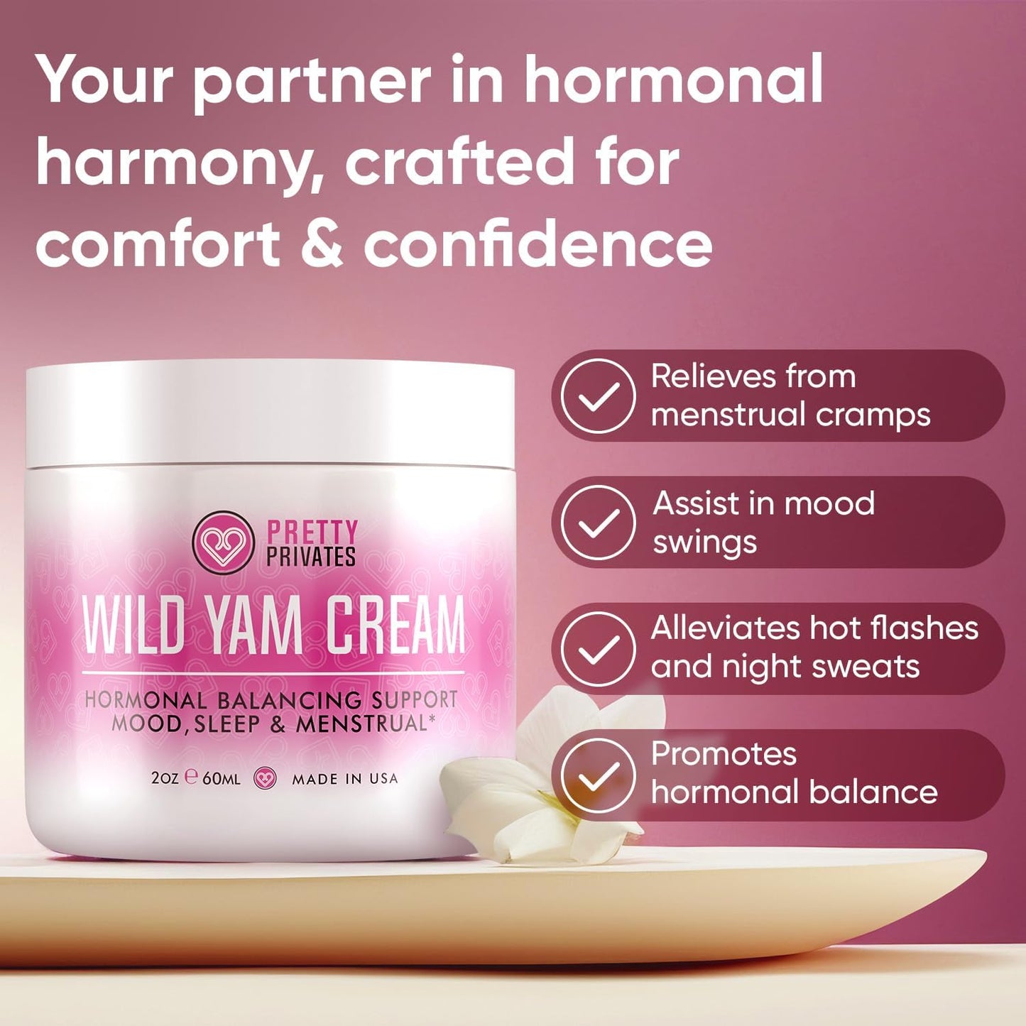 Organic Wild Yam Cream for Hormone Balance - Natural Root Formula for Women - Mood, Sleep, Menstrual Support - With Wild Yam Oil - 2 oz
