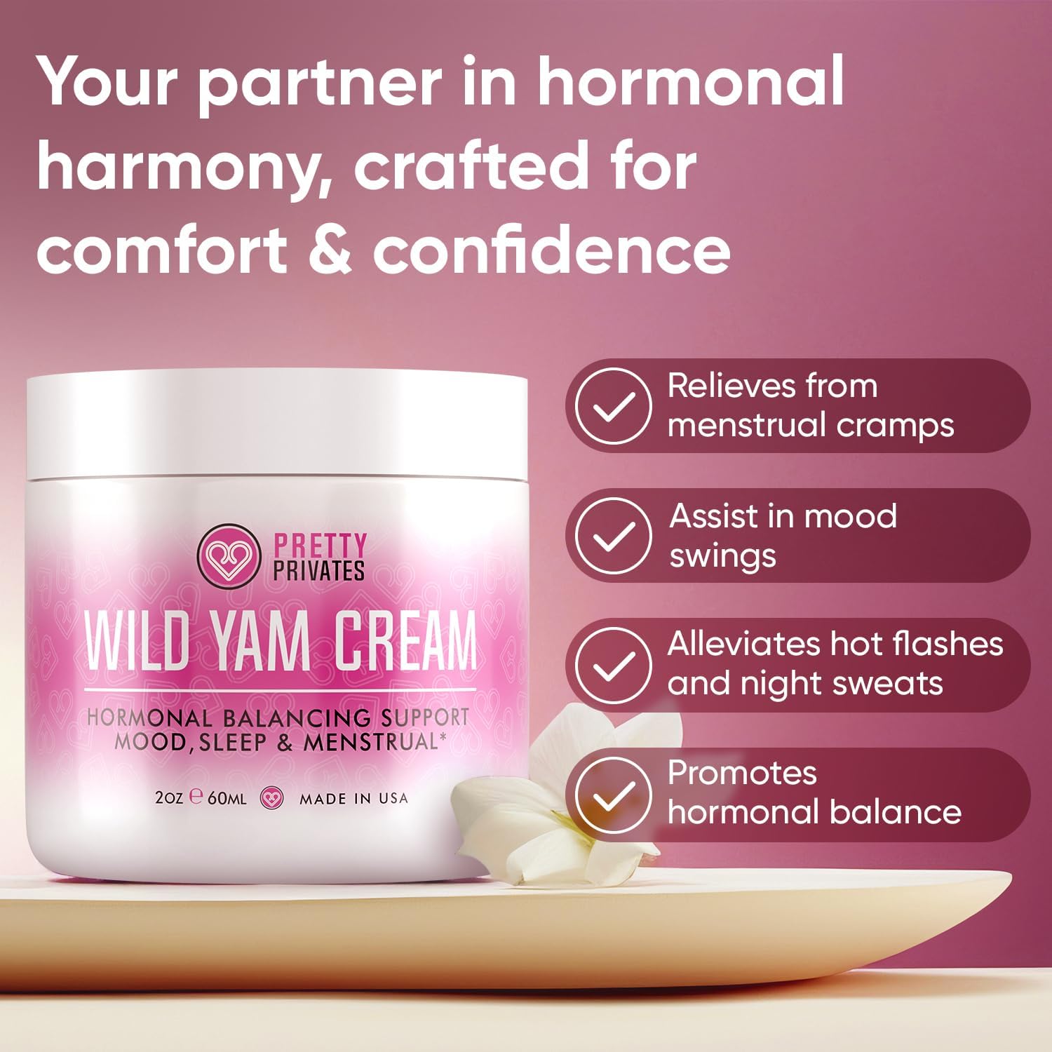 Organic Wild Yam Cream for Hormone Balance - Natural Root Formula for Women - Mood, Sleep, Menstrual Support - With Wild Yam Oil - 2 oz